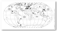 Lokalizacja miejsc pobierania materiału do badań reprezentowanego przez kolejne poziomy troficzne Oceanu Światowego, który był analizowany przez prof. P. Szefera wraz z zespołem (mapę zaktualizowano poprzez dodatkowe uwzględnienie lokalizacji stacji badawczych w rejonie Antarktydy, Arktyki, Morza Czarnego, Jeziora Bajkał oraz Hong Kongu).